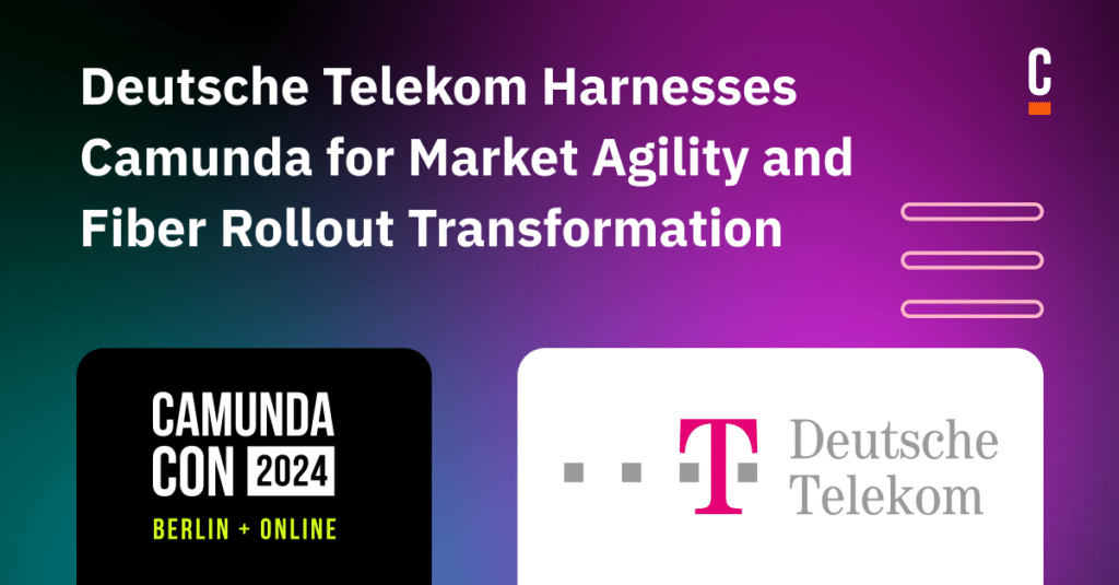 Banner with a black, purple, green gradient reads "Deutsche Telekom Harnesses Camunda for Market Agility and Fiber Rollout."